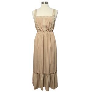Blu Pepper Bohemian Maxi Dress Tan Lace Trim Square Neck Milkmaid Smock Womens M